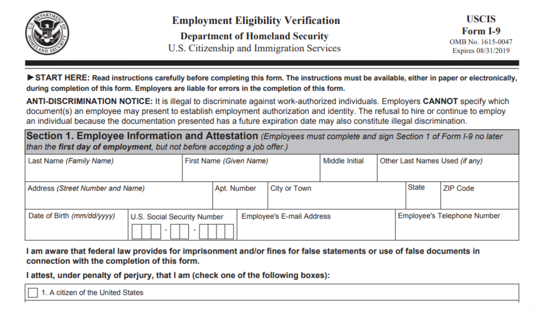 Federal I9 I9 Form 2024