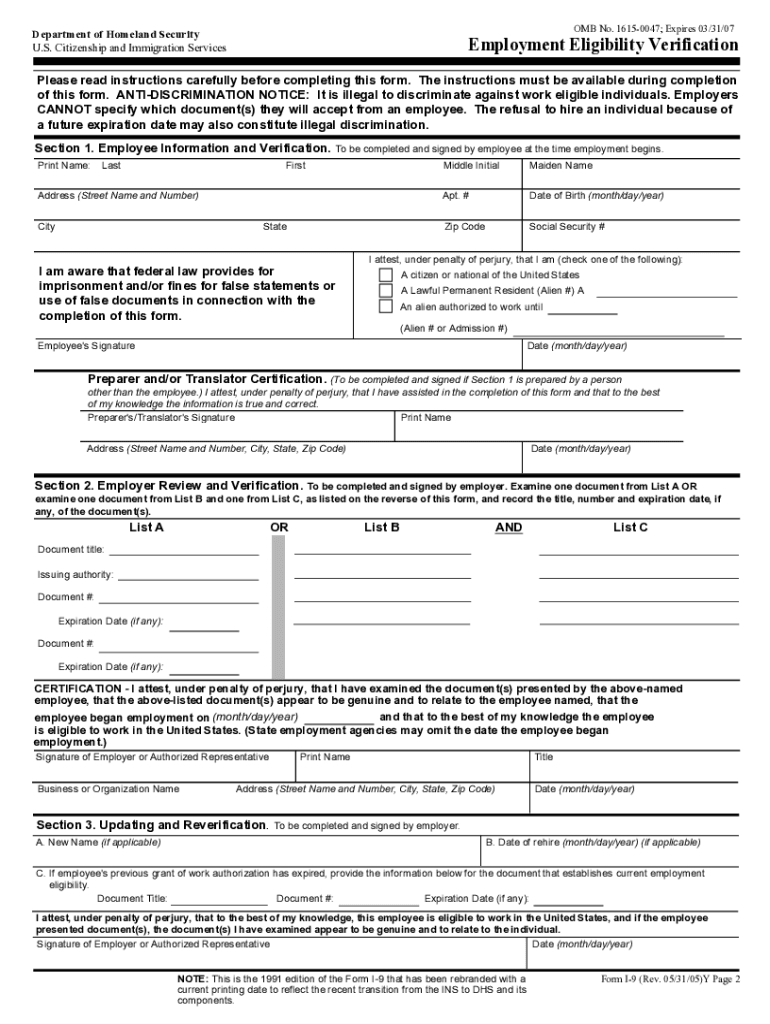 2005 Form Uscis I-9 Fill Online, Printable, Fillable, Blank throughout Blank I-9 Form
