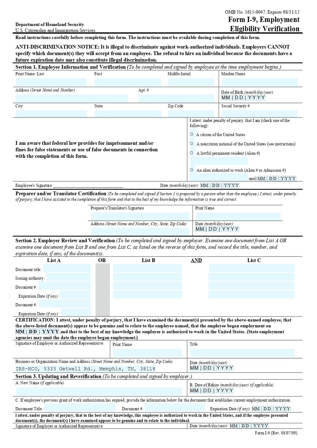 Employment Eligibility Verification Form (I-9) Template within IRS I-9 Form