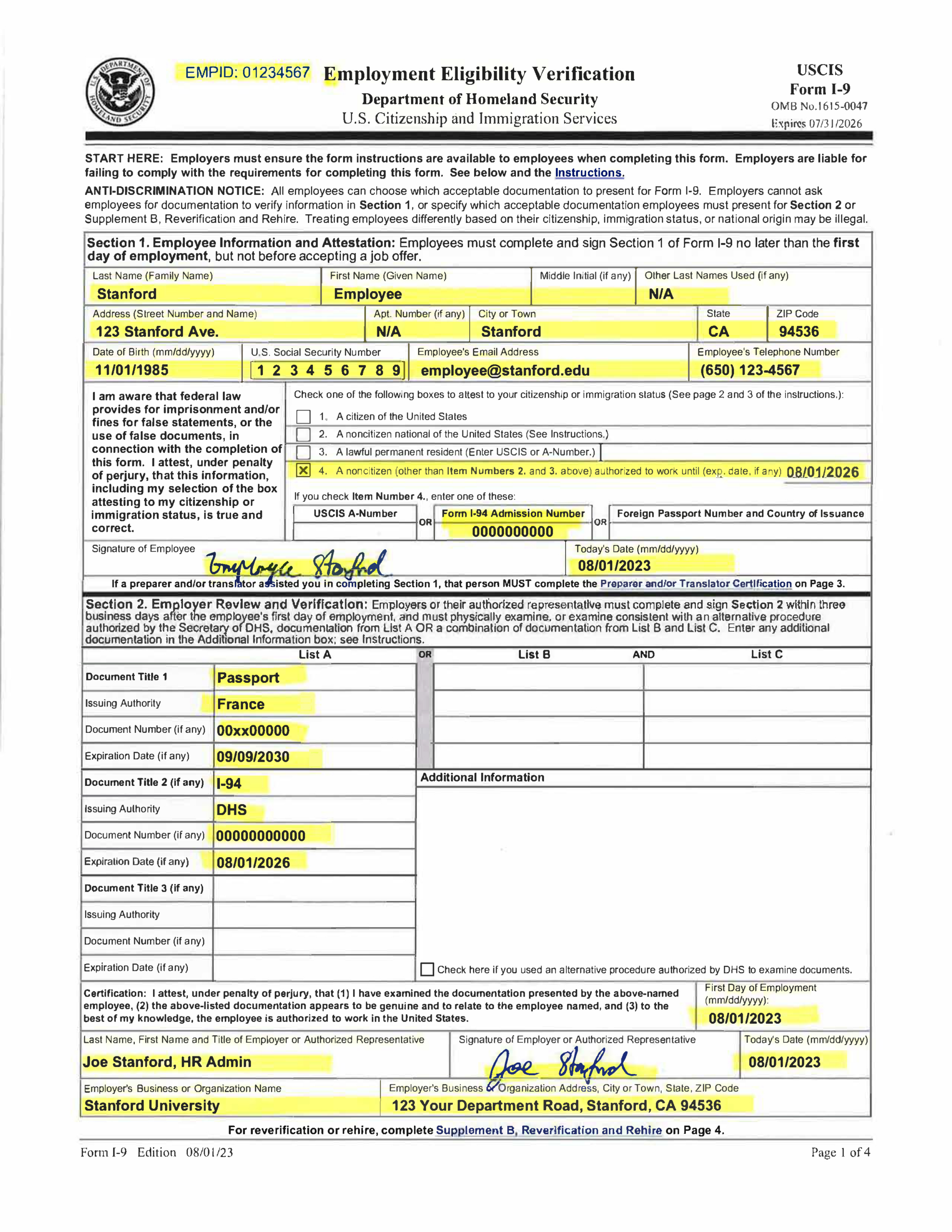 Examples Of Completed Form I-9 For Stanford for What is USCIS I-9 Form