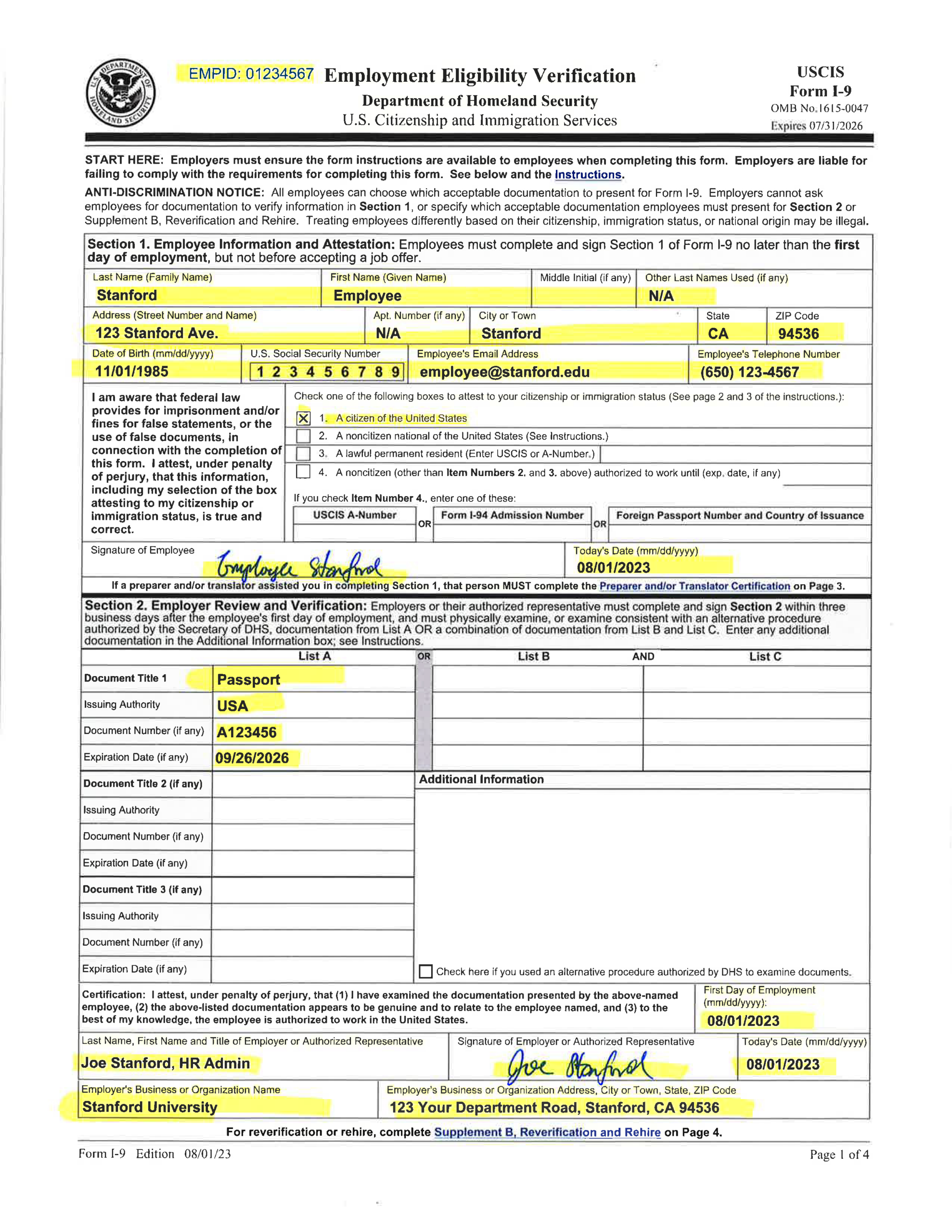 Examples Of Completed Form I-9 For Stanford in USCIS I 9 Form 2024