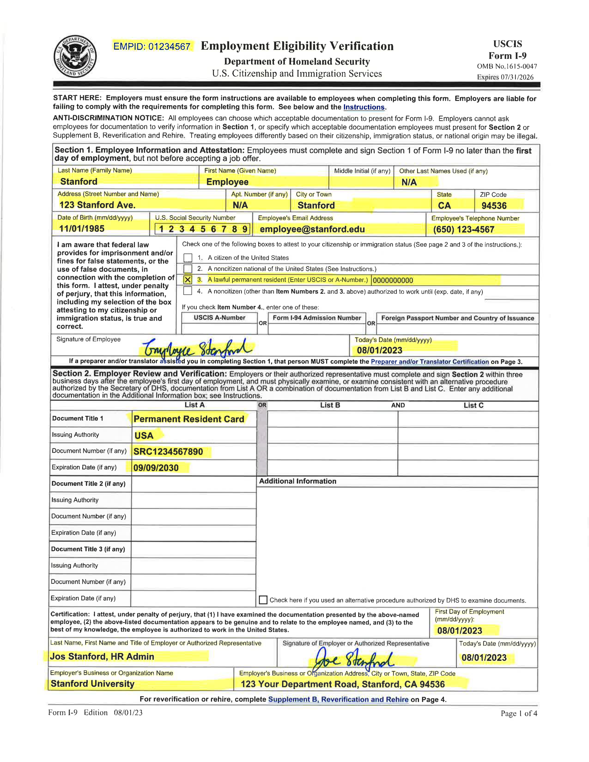 Examples Of Completed Form I-9 For Stanford inside I-9 Fillable Form