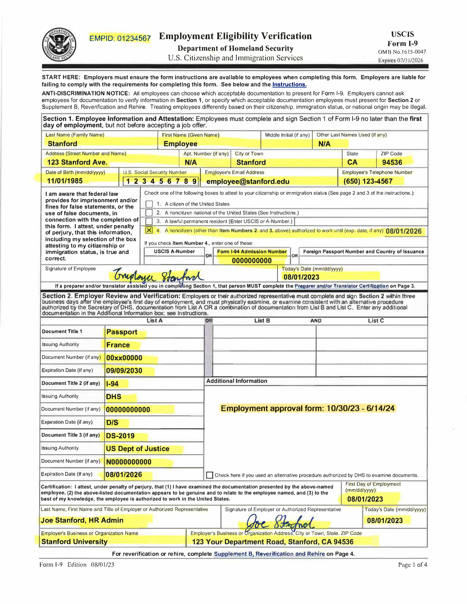 Examples Of Completed Form I-9 For Stanford intended for IRS I9 Form