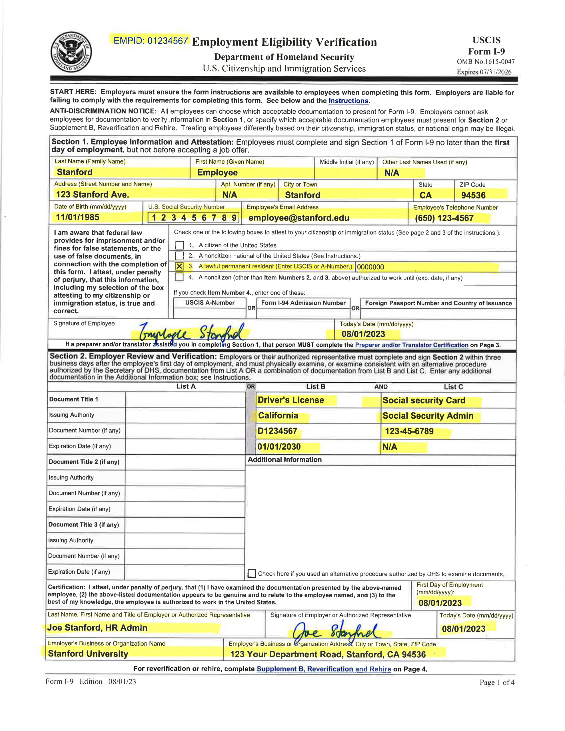 Examples Of Completed Form I-9 For Stanford intended for USCIS I 9 Form 2024