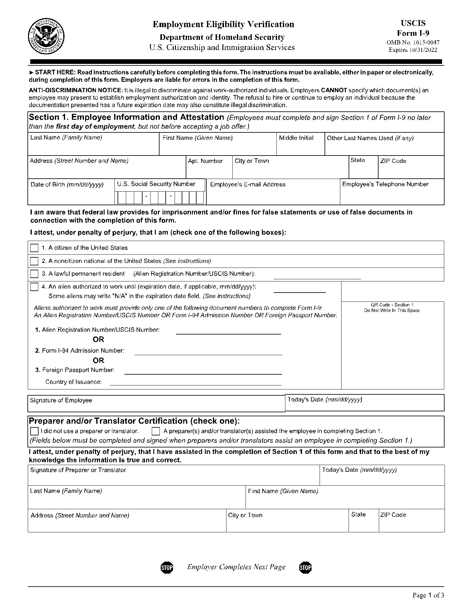 Fillable Uscis I-9 Employment Eligibility Verification Form within Form I-9 Pdf