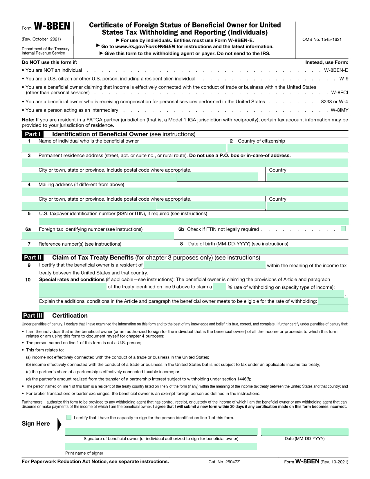 Form W-8 Ben throughout Irs I-9 Form