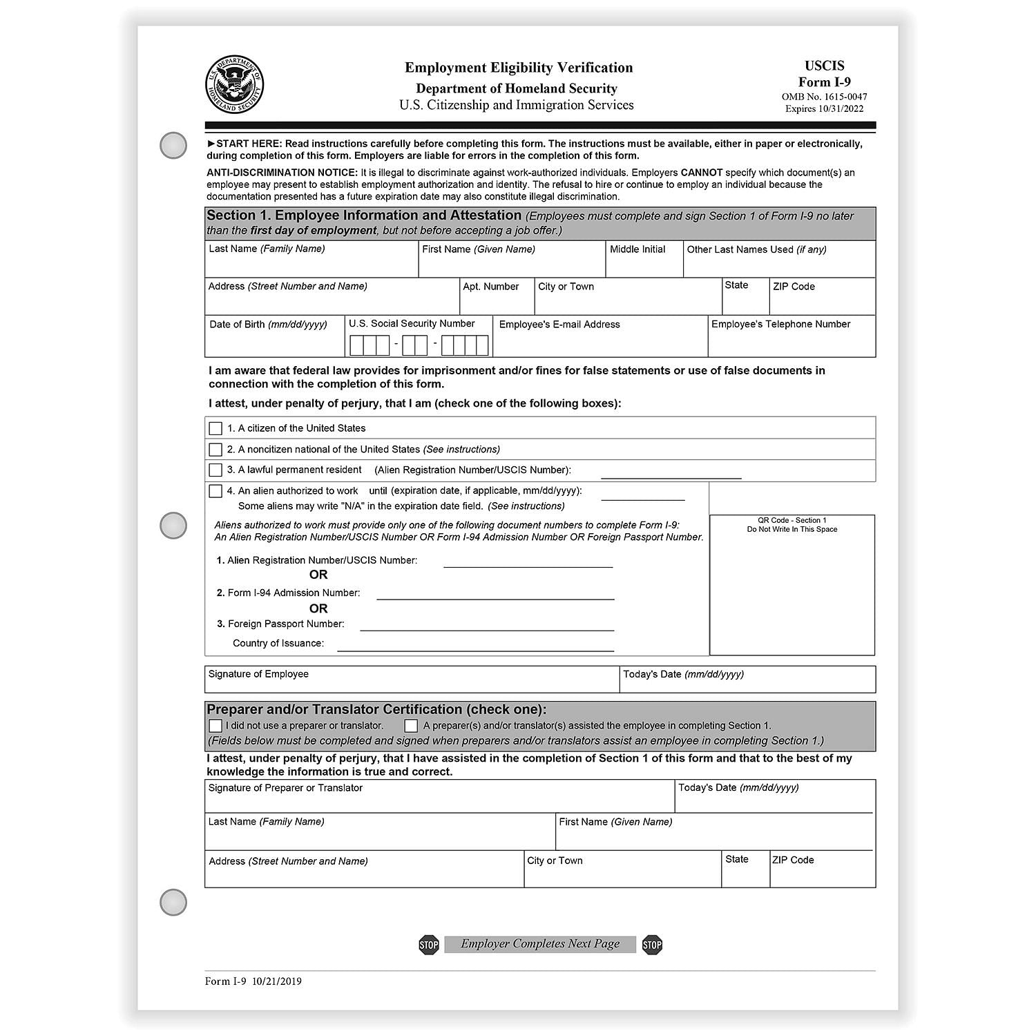 I-9 Employment Eligibility Verification 1-Part Paper Forms (100 Per with Form I-9 PDF