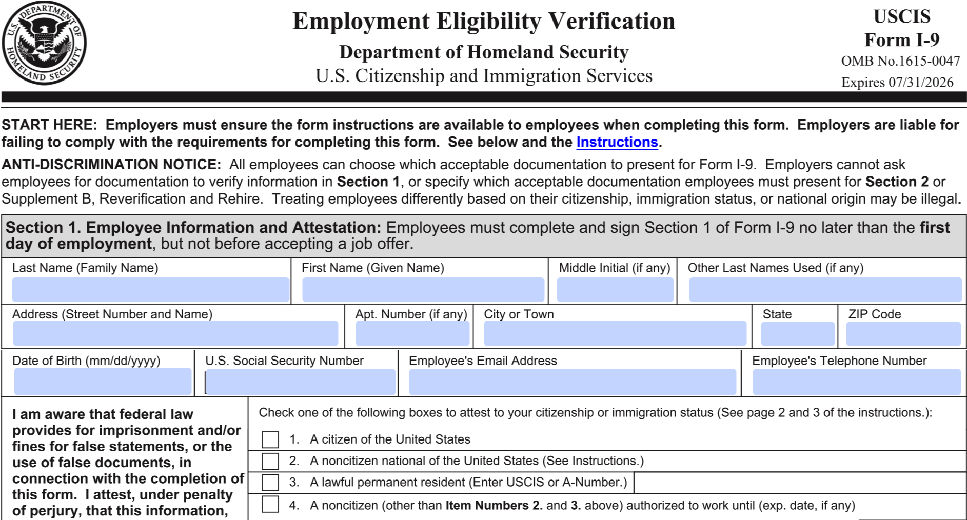 I-9 Form Notary Online | Uscis Employment Eligibility Verification intended for Federal I-9 Form