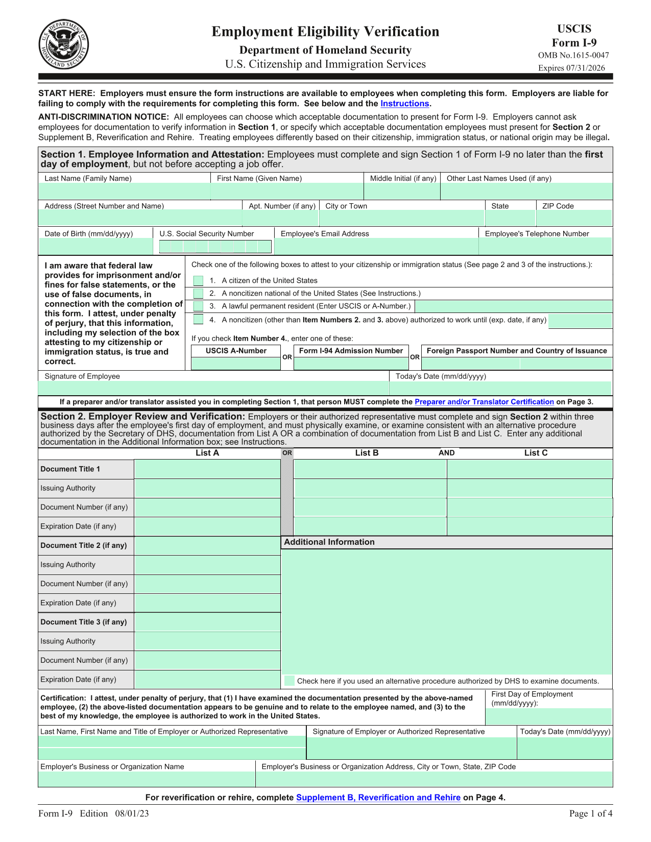 Uscis I-9 for USCIS I9 Form Documents